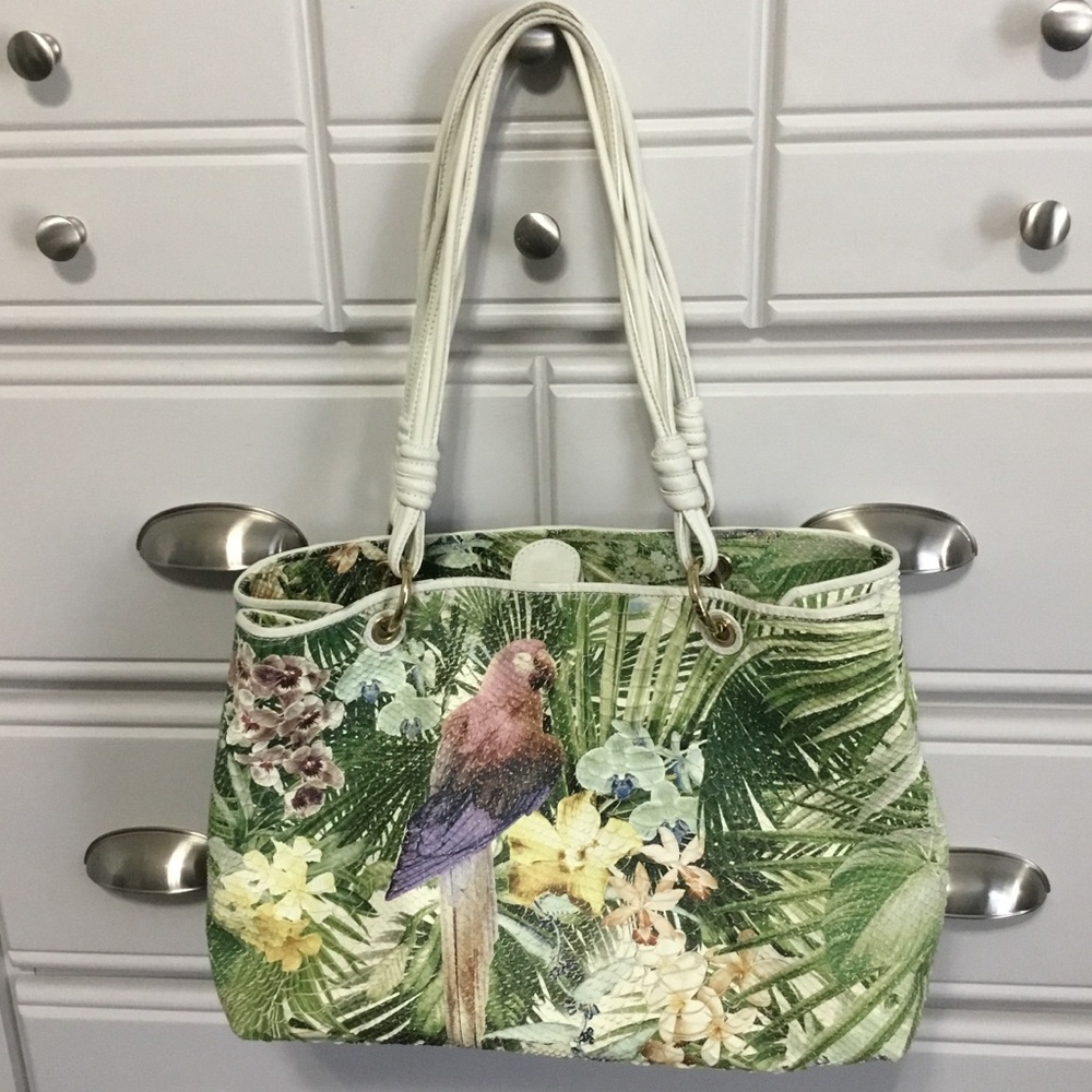 PAOLO MASI Italian Leather Tropical Jungle Floral Parrot Shoulder Handbag
